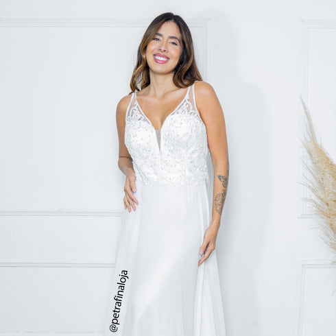 VESTIDO DECOTE V RENDA BORDADO VESTIDO DE FESTA PETRA FINA